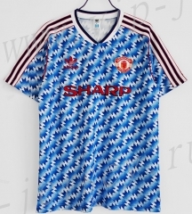 Retro Version 90-92 Manchester United blue Away Thailand Soccer Jersey AAA （Black border ads）