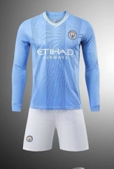 (Without Brand Logo) 2023-2024 Manchester City Home Blue LS Soccer Uniform-1506
