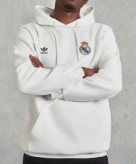 (S-3XL) Real Madrid White Thailand Soccer Fleece-lined Tracksuit With Hat-CS